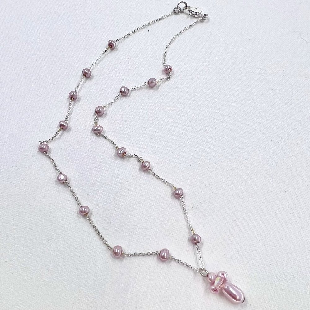 NWOT – Dainty 15” Silver Tone Necklace w/ Pink Drop Faux Pearl Pendant